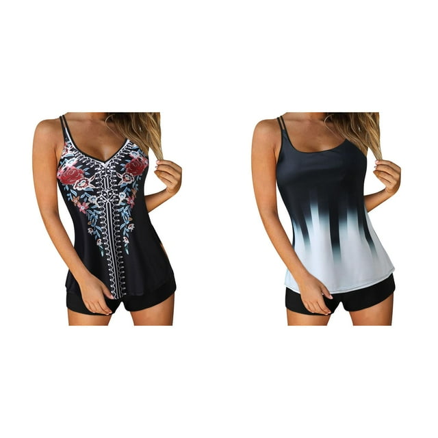 (2-Pack) Rinsvye Women'S High Waist Printed Tankini Swimsuit With Adjustable Straps And Removable Cups Two Piece Set For Swimwear Beach Pool Summer Outfit