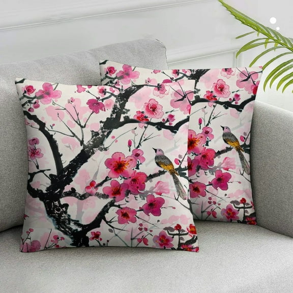 Acheng Cherry Blossom Pillow Covers Spring Pink Flower Throw Pillow Covers Japanese Cherry Decorative Outdoor Pillow Cases Cushion Covers for Couch Sofa Bedroom Home Decor (Pack of 2) White