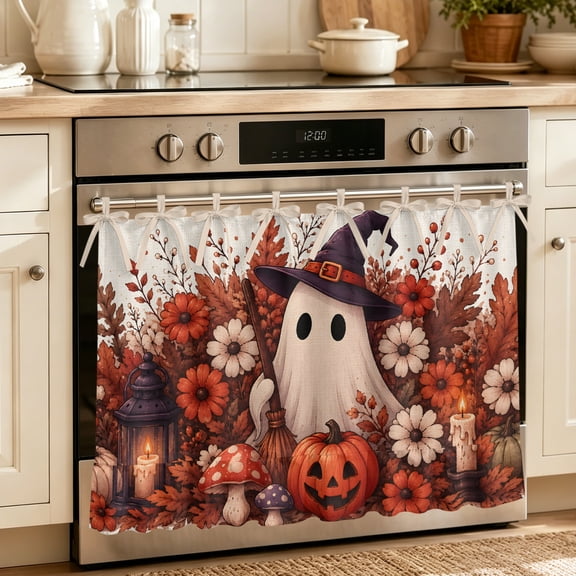 Red Halloween Oven Skirt for Farmhouse Kitchen Décor, Ghost Floral Spook Pumpkins Oven Curtain Tie Top Decorative Stove Skirt, Cabinet Dish Washer Curtains with 8 Ribbon Ties 27"x20"