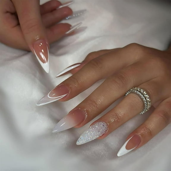 Halloween Press on Nails Long Stiletto Fake Nails Full Cover Glow in The Dark False Nails with Designs Nightmare Nails Christmas Nails White Matte Glue on Nails Artificial Nails for Women Girls 24Pcs