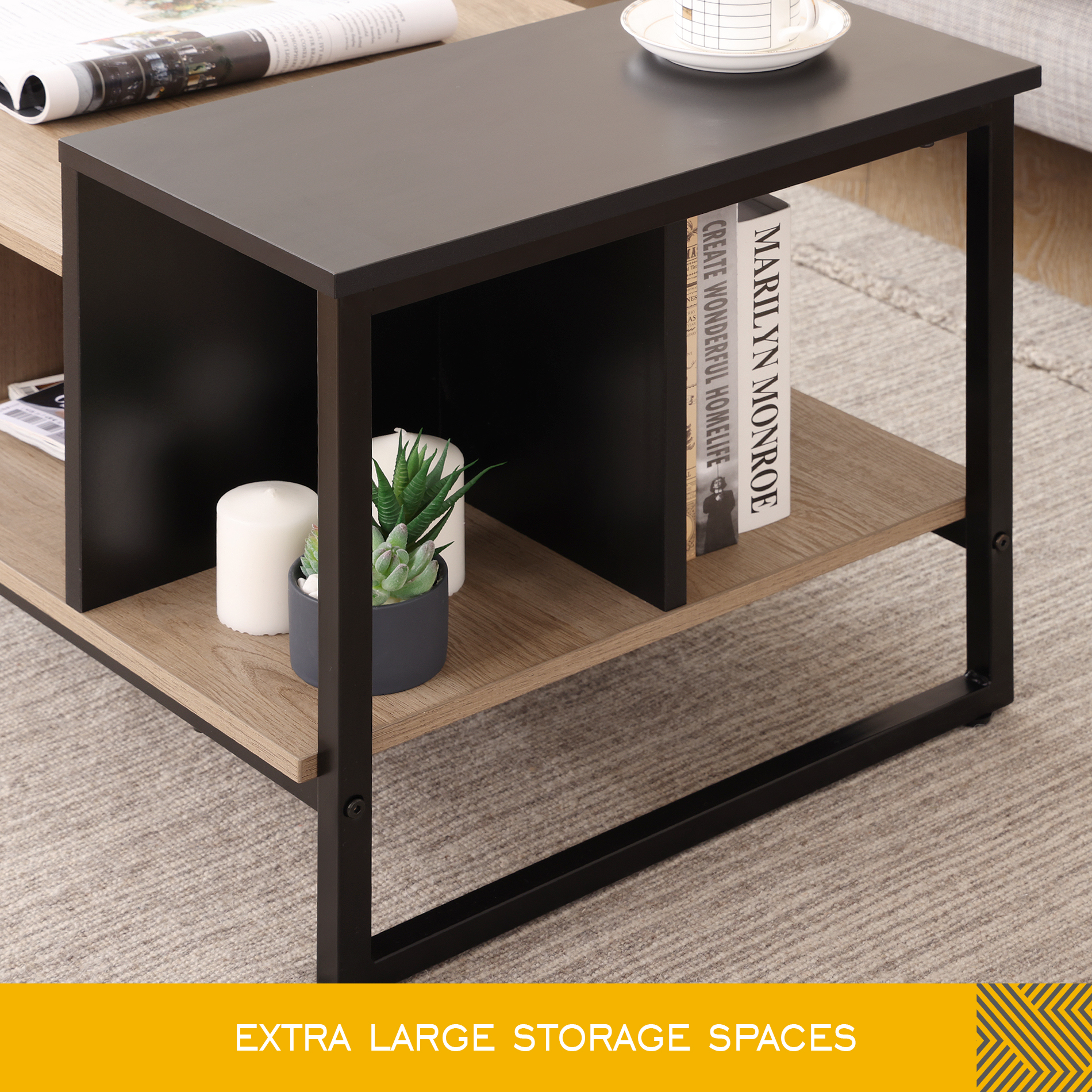 FITUEYES Industrial Wood and Metal with Shelves Coffee Table, Oak/Black