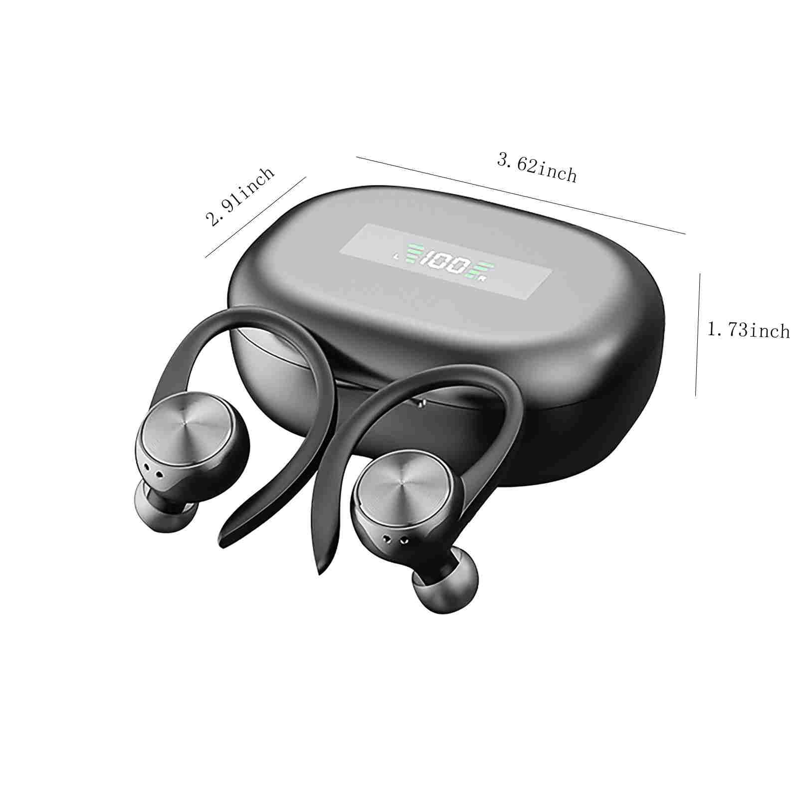 Wireless Bluetooth Earbuds, 75Hrs Playback, LED Display Charging Case, Ear Hooks, IPX7 Waterproof, Over-Ear Design for Sports, Running, Workout,Black
