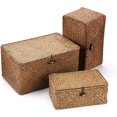 thumbnail image 4 of Set of 3 Natural Seagrass Storage Baskets with Lid Large Handwoven Wicker Storage Bins Rectangular Household Organizer Boxes Shelf Wardrobe Organizer, Coffee, 4 of 6