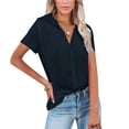 thumbnail image 3 of FINALGANG Women's Shirts Solid Color Loose Fit Shirts Short Sleeve V Neck Button Front Office Blouse For Casual Daily Outdoor Wear Cozy Tops, 3 of 8