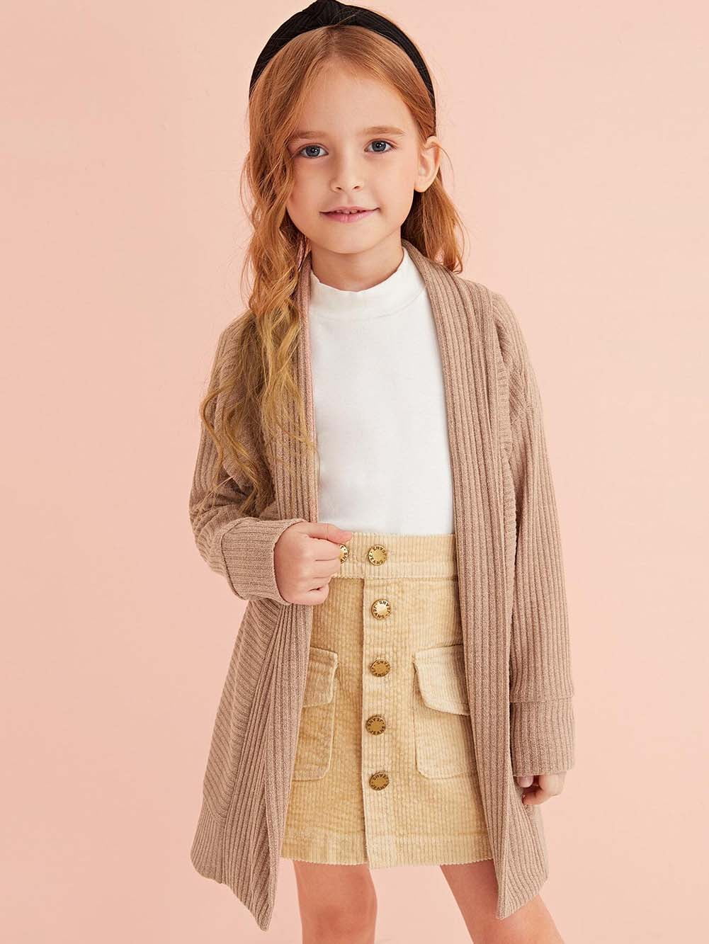 Kid's Girl Casual Sweater Long Sleeve Open Front Knit Cardigan Coat Knee Length Knitwear Outerwear for Fall 