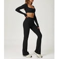 thumbnail image 3 of PISONIC Workout Sets for Women 2 Piece Square Neck Long Sleeve Crop Tops High Waist Flared Leggings Gym Sets, 3 of 12
