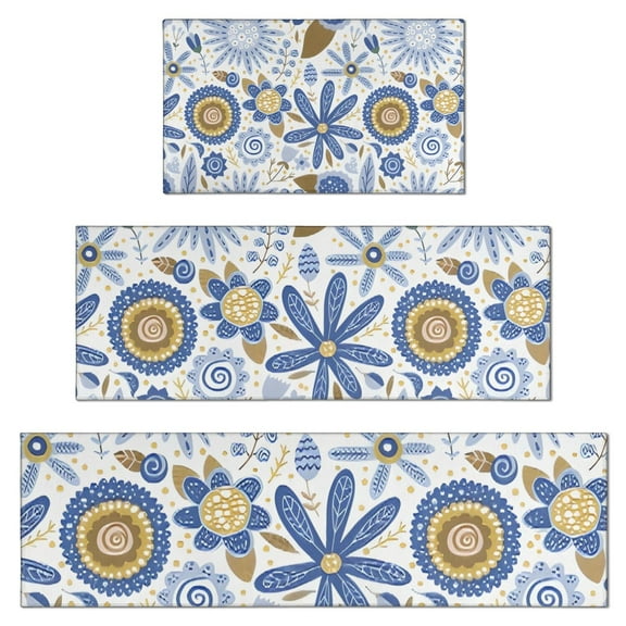 Blue and Yellow Pioneer Flower Kitchen Rugs Sets Of 3,Kitchen Runner Rugs Non Skid Washable,Decorative Kitchen Floor Mats for Kitchen,Sink,Laundry,17"x30" 17"x47" 17"x59"