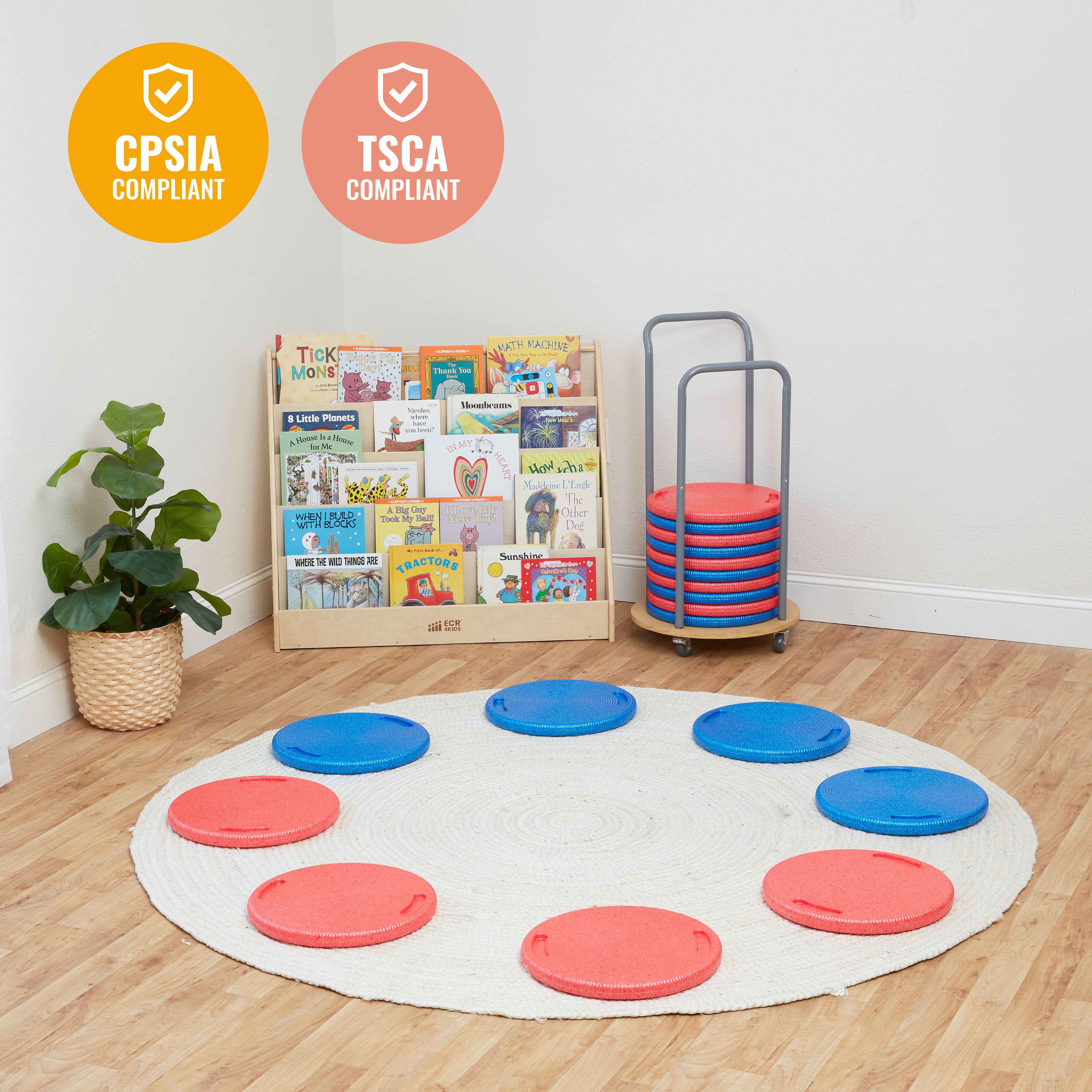 ECR4Kids CircleSpots and Mobile Cushion Cart, Flexible Seating, Blue/Red, 20-Piece