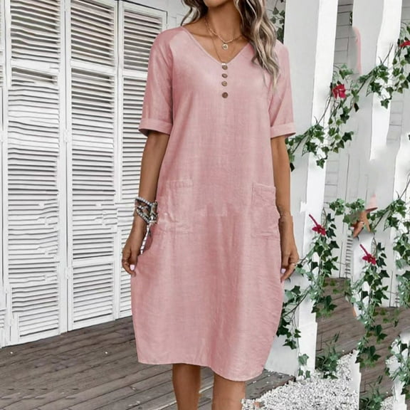 Summer Dress Women's Dress Lightweight V Neck Beach Dress Half Sleeve Midi Dress Loose Knee Length Buttons Dress With Pockets Dresses for Summer Casual Summer Clothes for Women Summer Midi Dresses