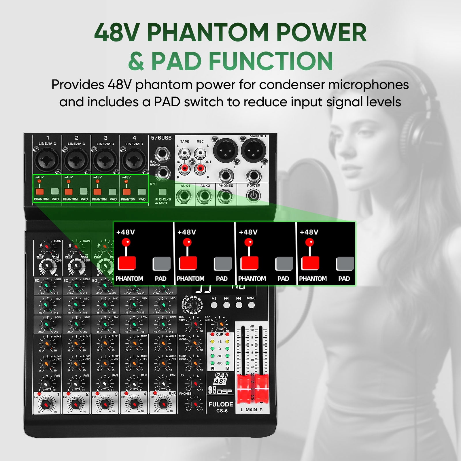 Audio Mixer 6 Channel Sound Mixer Console, Professional Music Mixing Board DJ Mixer w/ 99 DSP, 7-band EQ, USB, Bluetooth, 48V Phantom Power & PAD Function for Recording PA Live Live Streaming