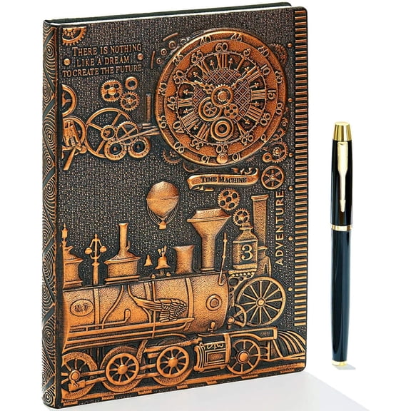 NICKSUN Vintage Train Embossed Leather Writing Journal Notebook with Pen Set,Antique Handmade Daily Notepad Sketchbook,Travel Diary Notebooks to Write in,Gift for Men Women