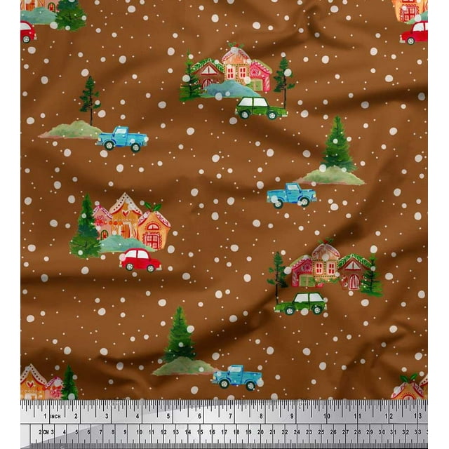 Soimoi Moss Georgette Fabric House,Tree & Car Transport Print Sewing Fabric Yard 42 Inch Wide
