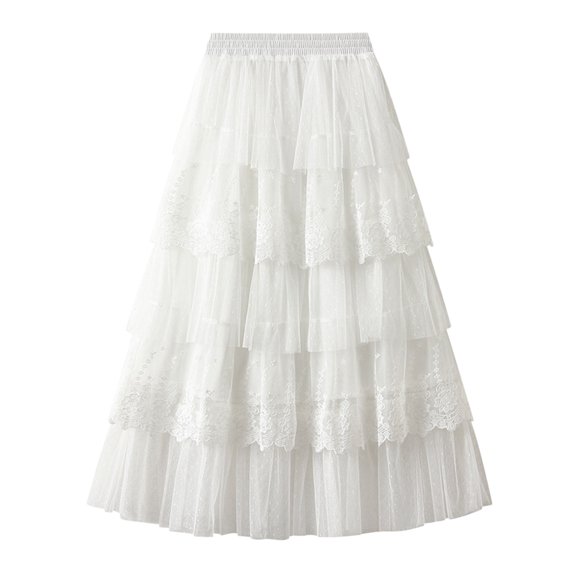 VOUZZA Womens Polka Dot Skirt A-Line High Waist Lace Mesh Tiered Party Skirts