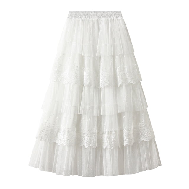 Falda de tul con encaje y cintura alta de largo medio para mujer - Elástica, plisada, evasé, para fiesta/fiestas, talla única (cintura de 60-100 cm)