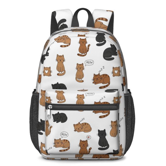 Multicolor Cat White Pattern 17" Waterproof Oxford School Backpacks for Teens, S-Shape Padded Straps, for School, Travel, Hiking, Camping