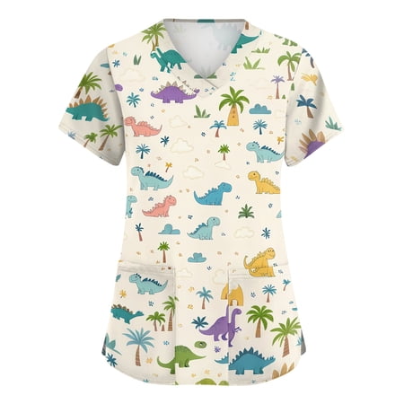 Nursing-Scrubs For Women, Animal Print Scrub Tops Women Breathable Workwear Scrubs Loose Fit Shirts V-Neck with Pockets