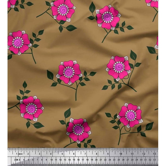 Soimoi Tissu Poly Georgette Feuilles & Fleurs Roses Tissu Imprimé Floral 1 Yard 52 Pouces de Large