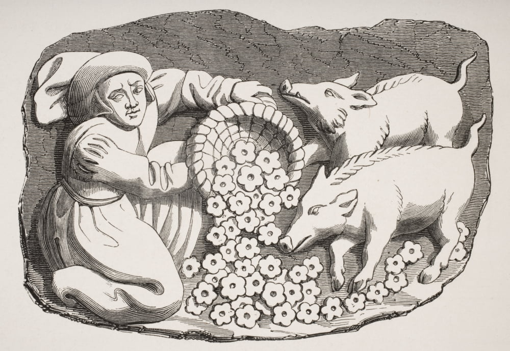 19Th Century Reproduction Of 15Th Century Wood Carving On Stall In Rouen Cathedral Representing The Proverb Margaritas Ante Porcos Or Throwing Pearls Before Swine Canvas Art - Ken Welsh Design Pics (