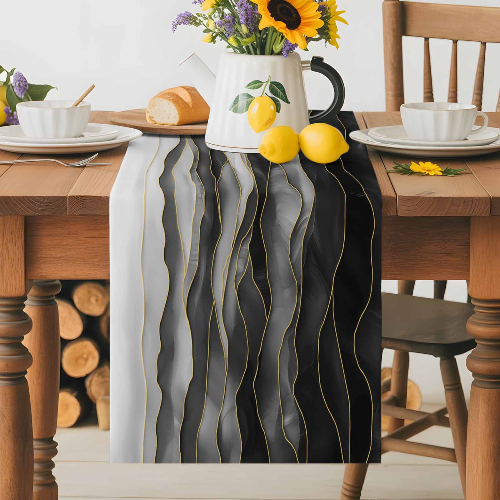 Black Grey Color Gradient Art Table Runner 90 Inches Long, Abstract Ombre with Gold Line Table Runners Tabletop Scarf Kitchen Dining Tables Decoration for Home Party Indoor Outdoor