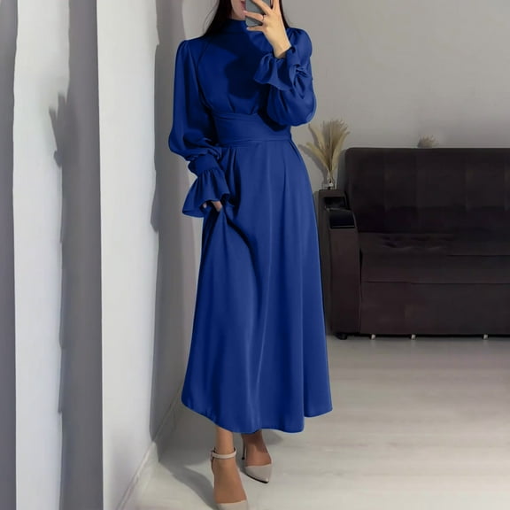 RYDCOT Women's Elegant Long Sleeve Satin Maxi Dress Lantern Sleeve Mock Neck Tie Waist Pleated Cocktail Party Ball Gown Evening Dresses Clearance