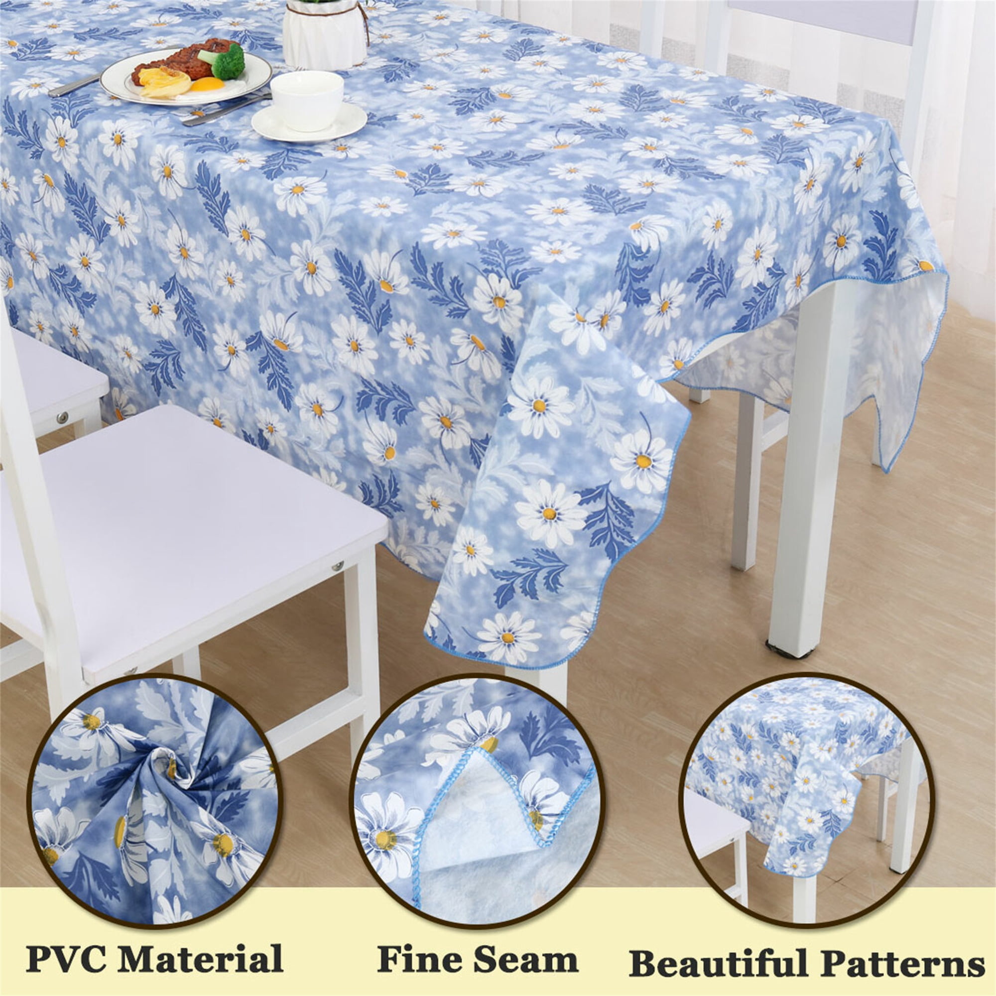 Unique Bargains Vinyl Rectangle Table Cover Blue Daisy Pattern Tablecloth 54" x 71"