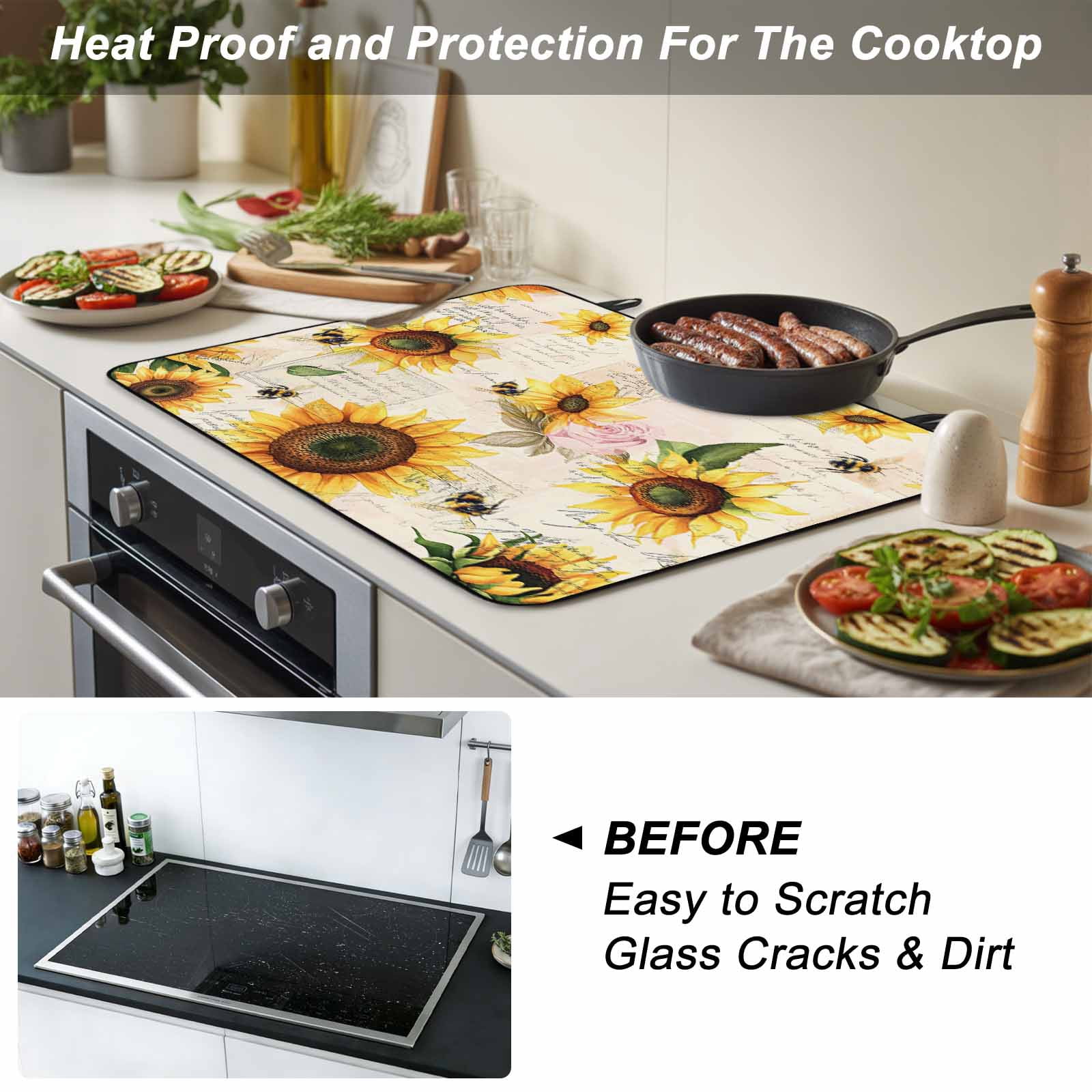 Summer Sunflowers Stove Top Cover for Electric Stove, Heat-proof & Non Slip Glass Top Stove Cover Protector, Pastoral Rose Floral Farmhouse Vintage Kitchen Flat Cooktop Rubber Mat 36x21 Inches