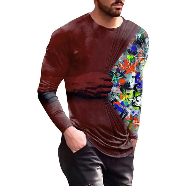 PENGXIANG T-Shirt Décontracté Simple en Coton et Lin à Petit Imprimé avec Col à Revers pour Hommes, Manches Longues