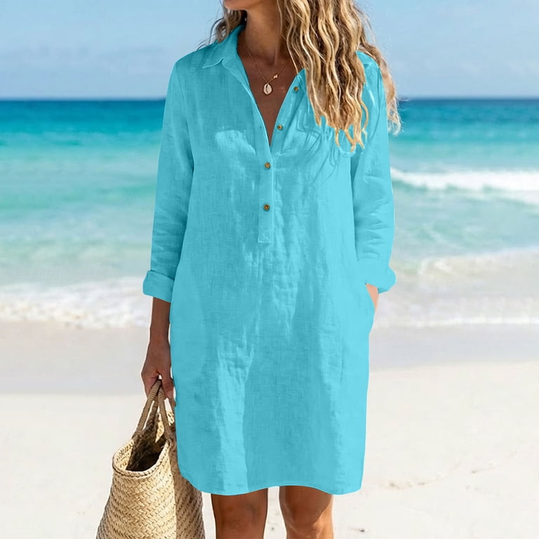 house dresses with long sleeves Ymyiu Gauze Dress for Women Summer Dress for Women Cotton Linen Long Sleeves  Boho Flowy House Dresses Plus Size Lounge Sun Dress with Pockets(Sky Blue,  S)