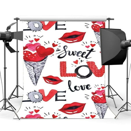 ABPHOTO Polyester 5x7ft Happy Valentine's Day Backdrop Sweet Love Red Lips Ice Cream Creative Romantic Wallpaper Photography Background for Girls Lover Wedding Party Décor Photo Studio