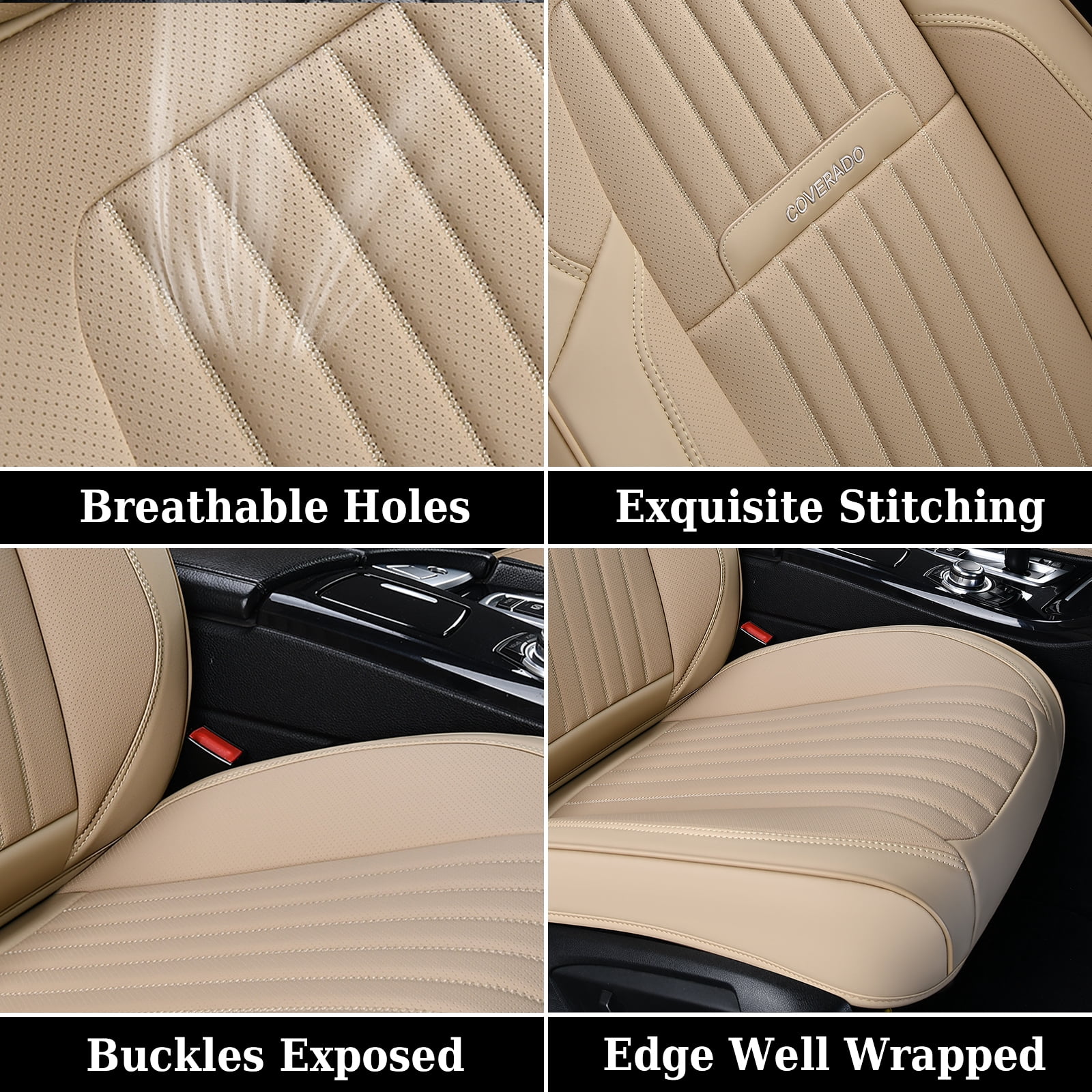 Coverado Car Seat Covers Full Set, Beige Front and Rear Seat Protectors, Waterproof Faux Leather Universal Fit for Most Cars