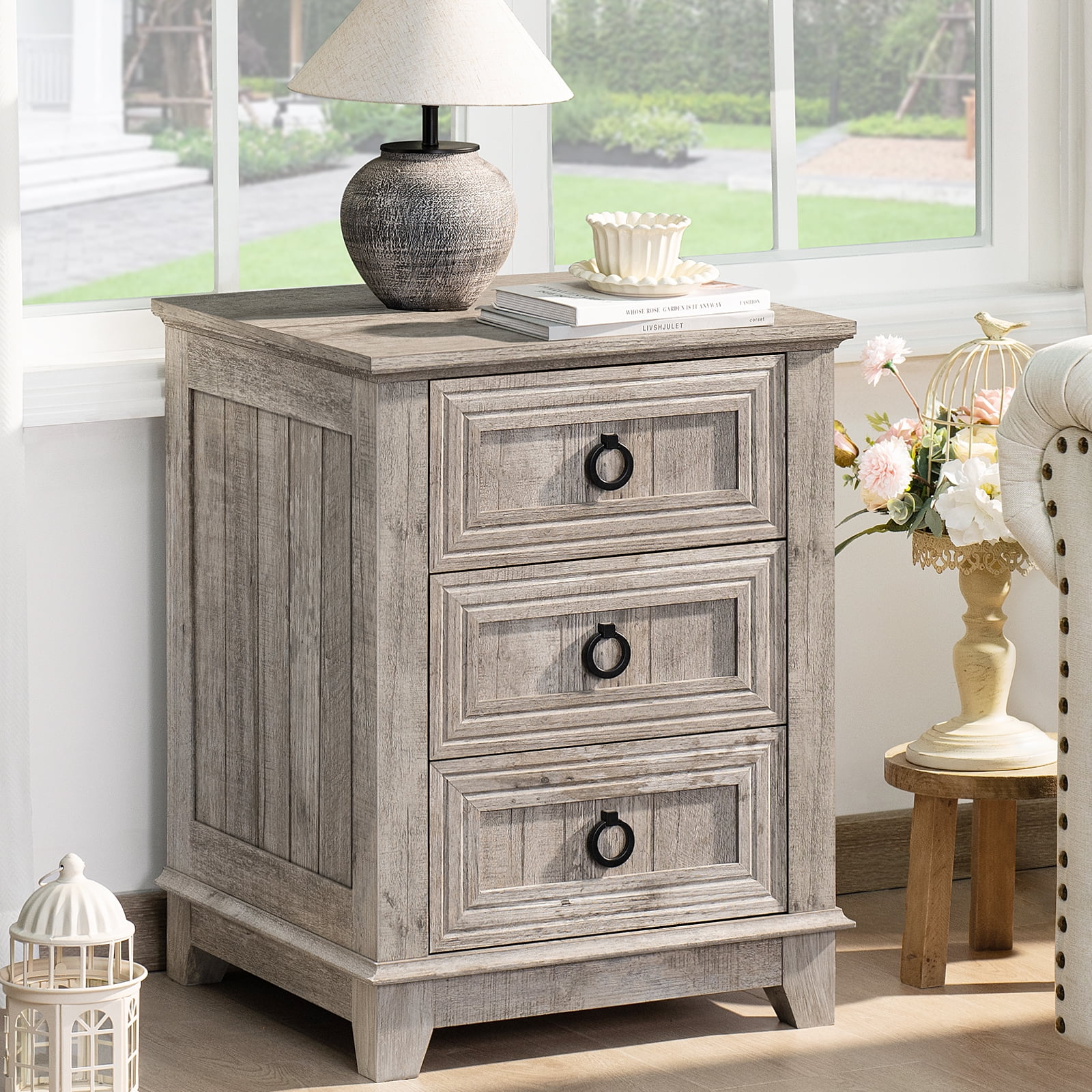 Joaxswe Farmhouse Nightstand with 3 Drawers, Wood Bedside Table Night Stand, Wide Sofa Side End Table for Living Room, Bedroom, Grey Oak