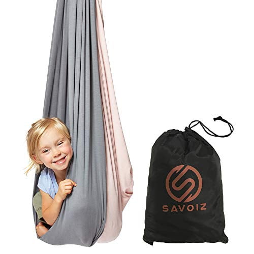 SAVOIZ Indoor Therapy Swing - Sensory Hammock Autism, ADHD, Aspergers -  Double Layer Reversible Pink and Grey - Hardware Included - Indoor Swing -  