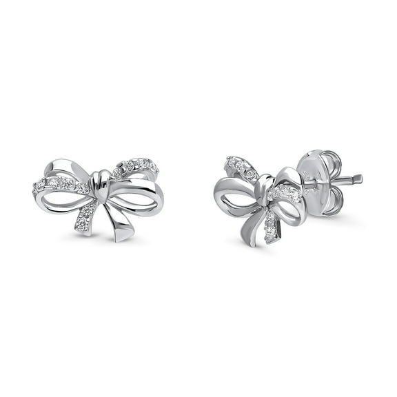 BERRICLE Sterling Silver Bow Tie Cubic Zirconia CZ Ribbon Fashion Stud Earrings for Women, Rhodium Plated