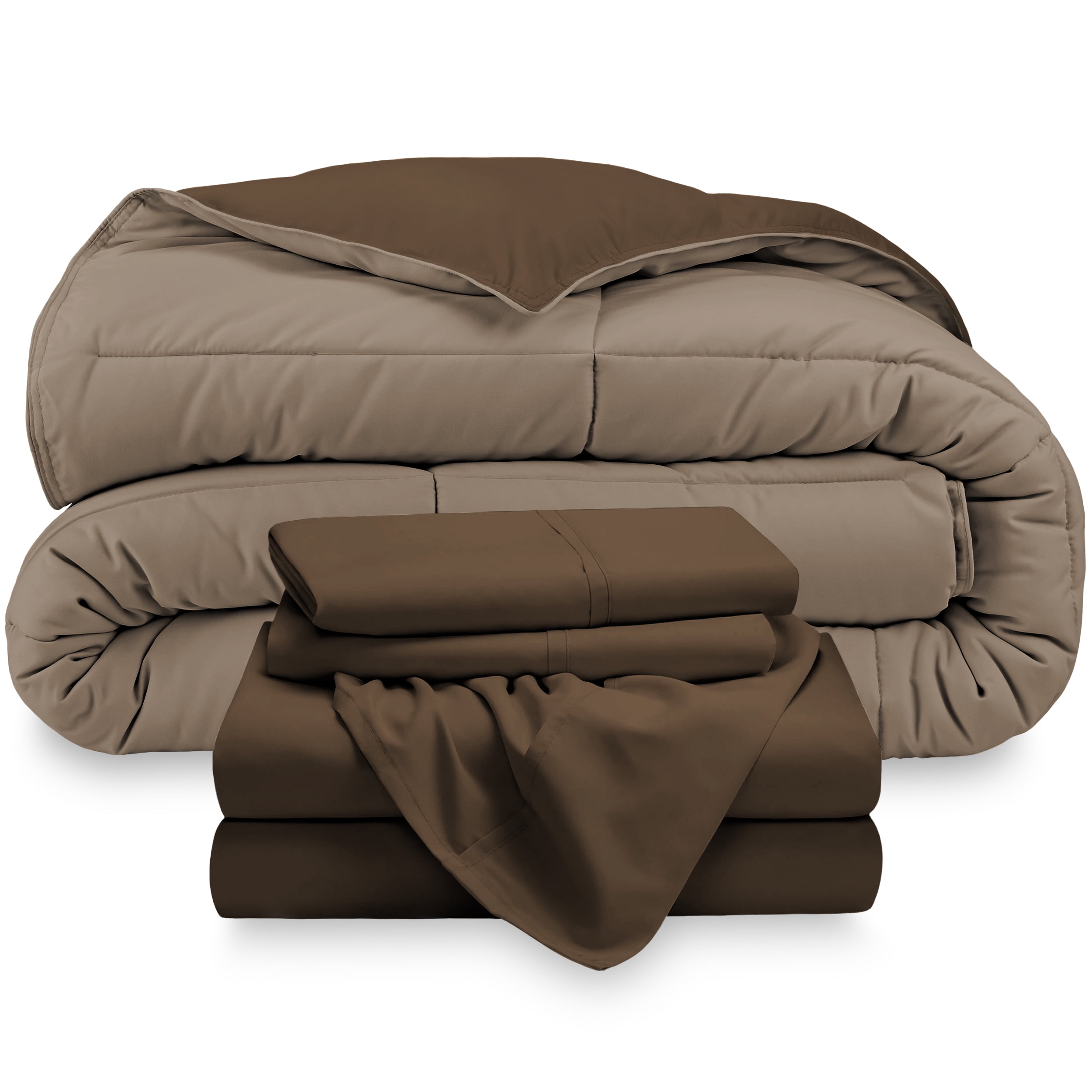 Bare Home Microfiber 5-Piece Cocoa/Taupe Comforter, Cocoa Sheet Set Reversible Bed in a Bag, Queen