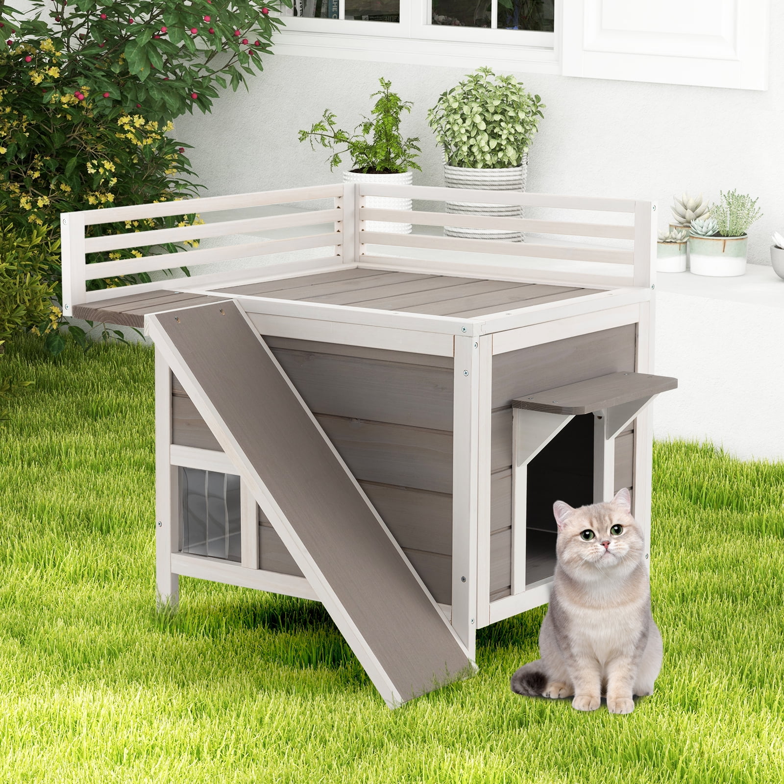 Infans Outdoor Feral Cat House Wooden Kitty Shelter with Balcony