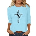 thumbnail image 2 of OKBOP Ladies Tops Clearance Under $10 Blue 3/4 Sleeve Crew Neck Graphic Crucifix T-Shirts Womens Shirts, 2 of 3