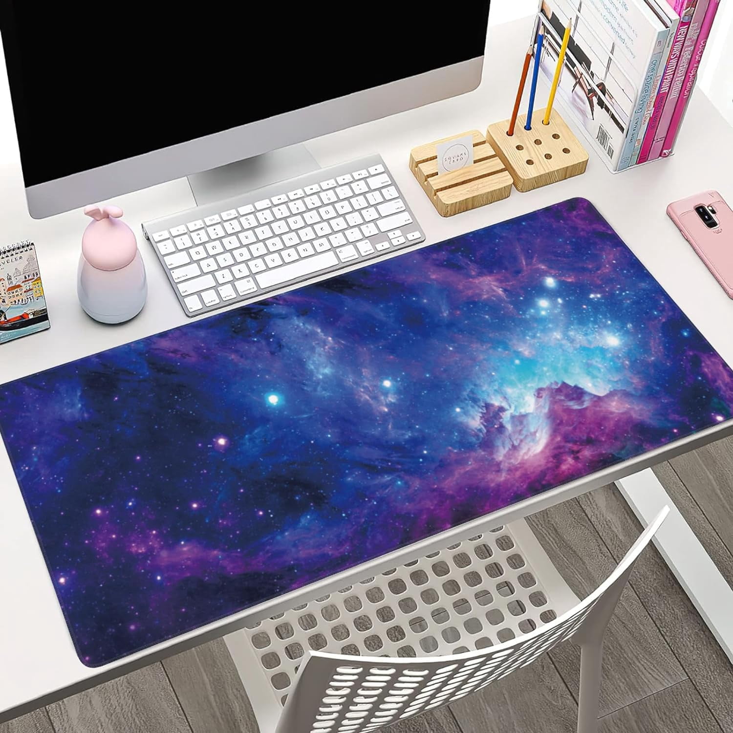 Desk Pad, Blue Purple Nebula and Stars Extended Large Gaming Mouse Pad for Desk XXL, Large Desk Mat for Desktop with Non-Slip Rubber Base Stitched Edges for Computer Keyboard Home Office 35.4"X15.7"