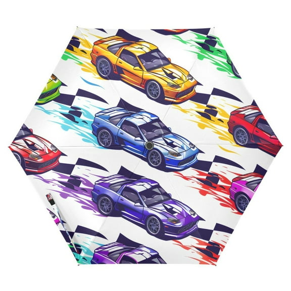 ALAZA Cartoon Race Cars UPF 50  Compact Folding Umbrella for Rain Travel Umbrella Packable