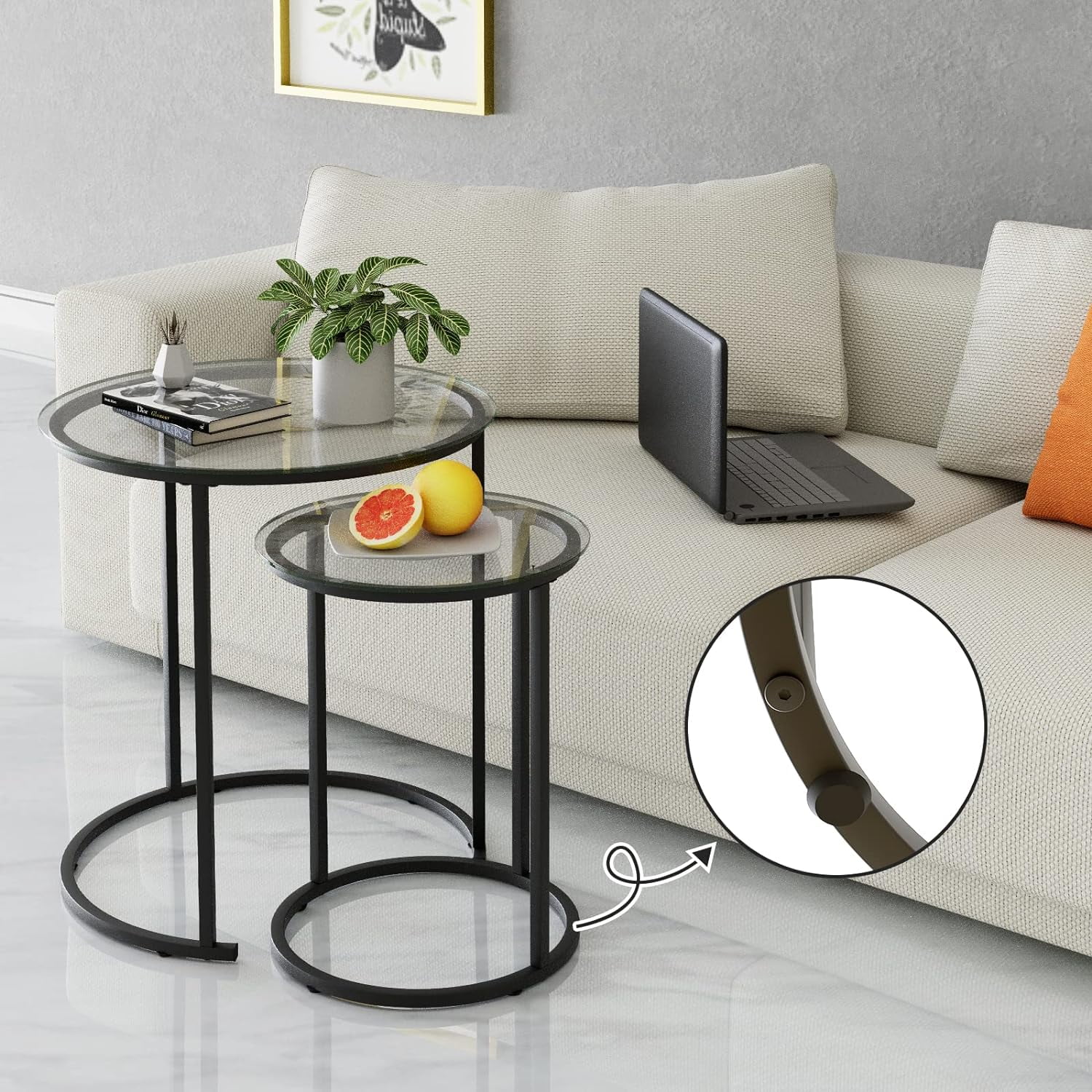 Nesting Coffee Table Set of 2,Modern Black Tempered Glass Side Table, Metal Frame Round End Table.Small Glass Tea Table for Living Room,Bedroom Studio Apartment Essentials,23.2In