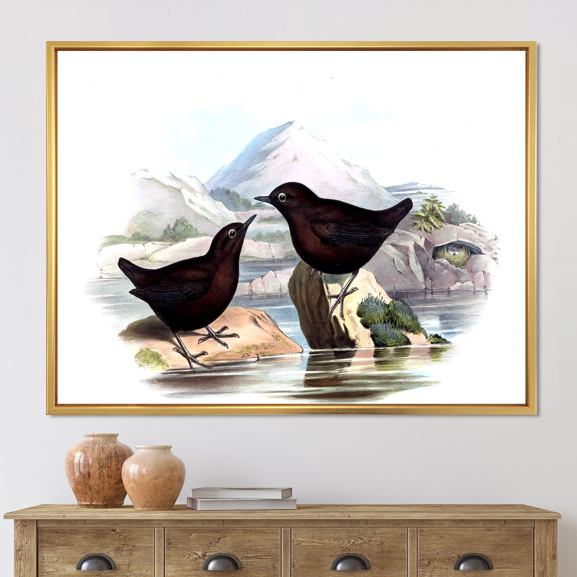 Designart 'Vintage Countryside Two Birds' Farmhouse Framed Canvas Wall Art Print