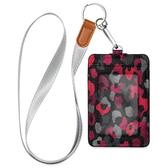 PU Leather Badge Holder ID Badge Holder with Lanyard for Cards & Credentials Black and Red Leopard Print