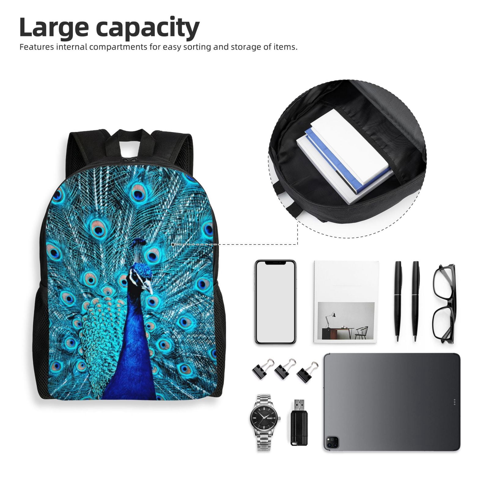 Xecao Beautiful Blue Peacock Print School Backpack with Laptop Compartment Small Travel Laptop Backpack for Women Men Waterproof College Backpack Simple School Bag