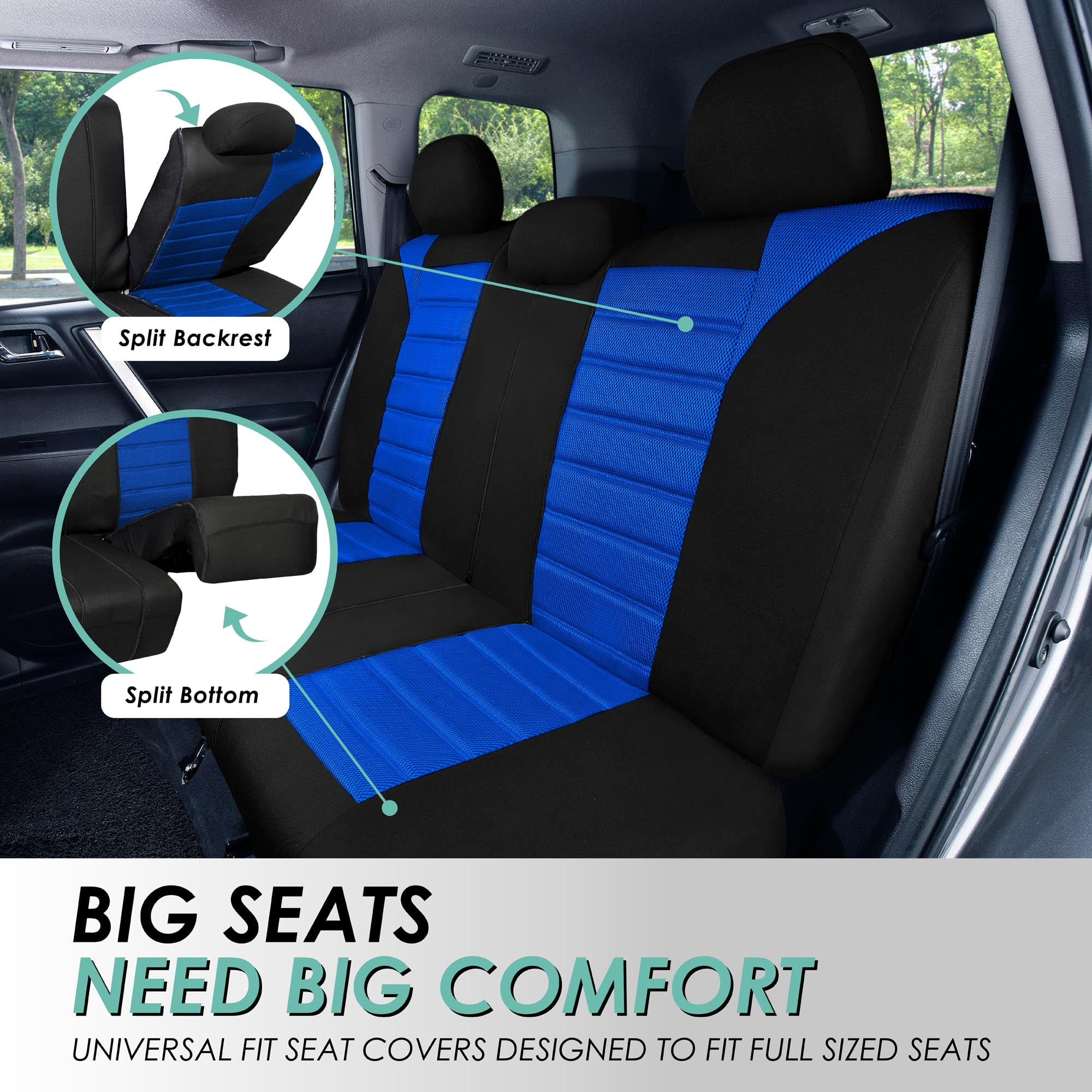 FH Group 3 Row Universal Fit Car Seat Covers Premium 3D Air Mesh with Removable Headrest,  Airbag Compatible for SUV, Sedan, Van Blue - 7 Seater