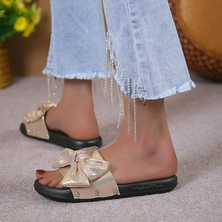 

Dressy Sandals for Womens Summer Heels- Beach Bowknot Casual Sandals Gold Size 8.5