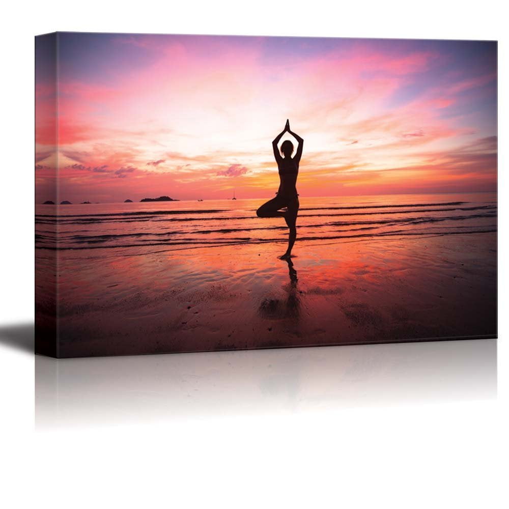 Canvas Prints Wall Art Young Woman Yoga Practice at the Seaside at Sunset Modern Wall Decor