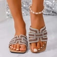 thumbnail image 2 of Flat Sandals for Women, Square Toe Solid Color Cloth Slides with Rhinestone-Encrusted Straps, Slip-On Design, Cushioned Footbed, Synthetic Material, Brown, 2 of 9