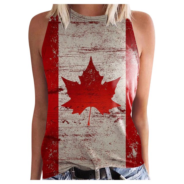 Womens Canada Day Tank Top Sleeveless Summer Shirt Tops Round Neck Patriotic Maple Leaf Tops Basic