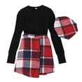 thumbnail image 1 of Felwors Kids Girls Winter Long Sleeve Red Plaid Ribbed Tops Skirt Hat 3PCS Outfits Clothes Set, 1 of 9