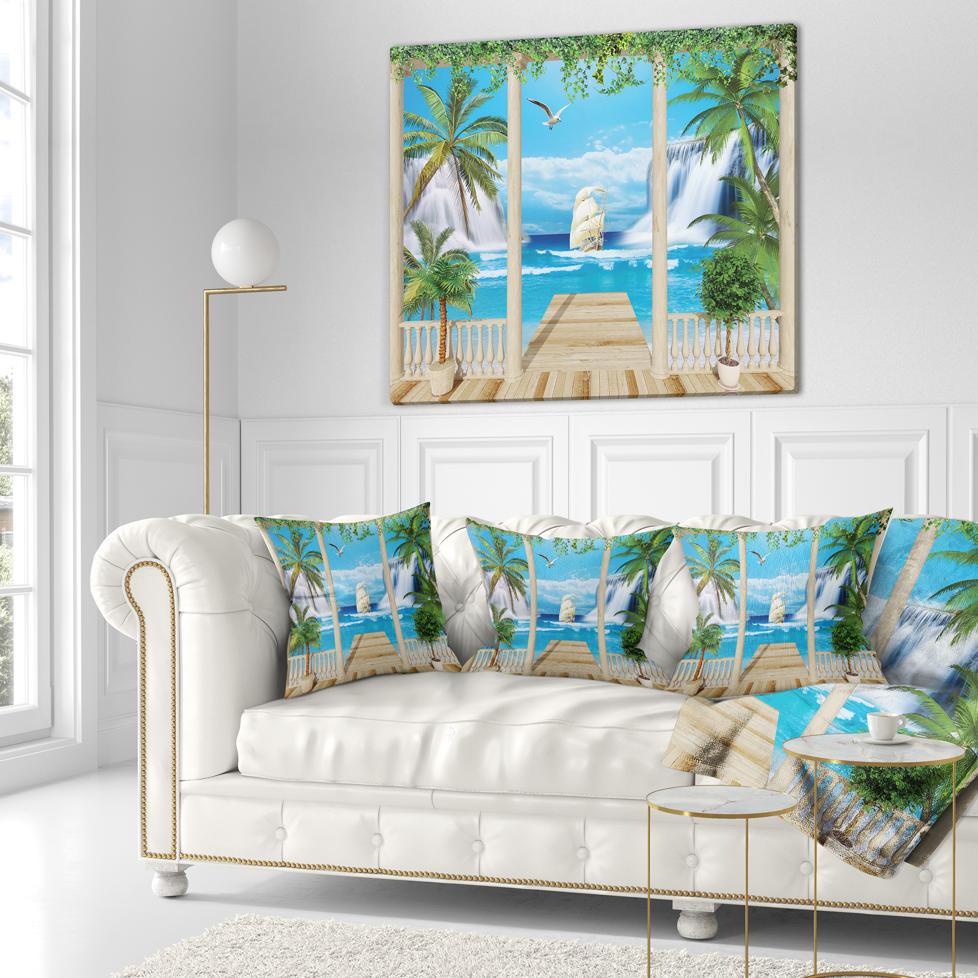 Designart Wooden Terrace with Sea View - Landscape Photography Throw Pillow - 18x18