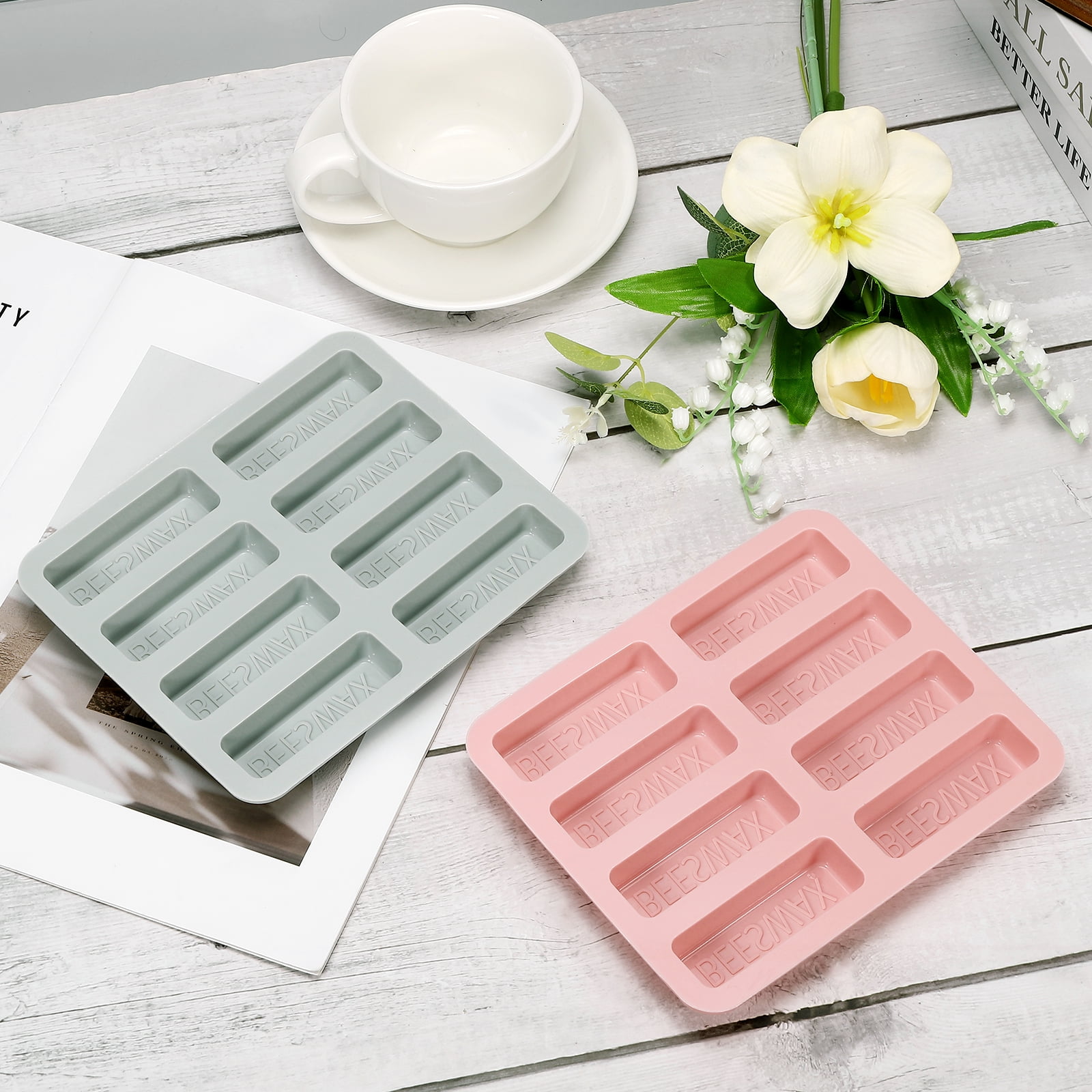 Beeswax Candle Mould,8Grids Beeswax Bar Mould Makes 8 x 2.8oz Reusable Easy Release Bees Wax Module for Wax Candle Making Butter Candy Chocolate Grey 2Pcs